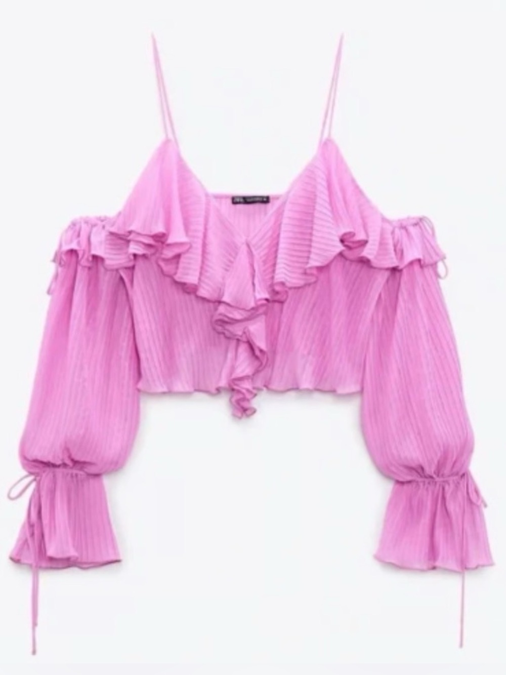 Zara Pink Pleated Off-Shoulder Ruffle Crop Top
